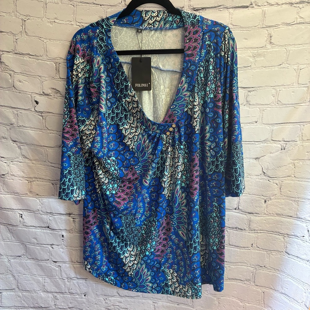 Folunsi Soft Stretch Knit Flowy Paisley Print‎ V-Neck Tunic BOHO Peasant 3X NWT